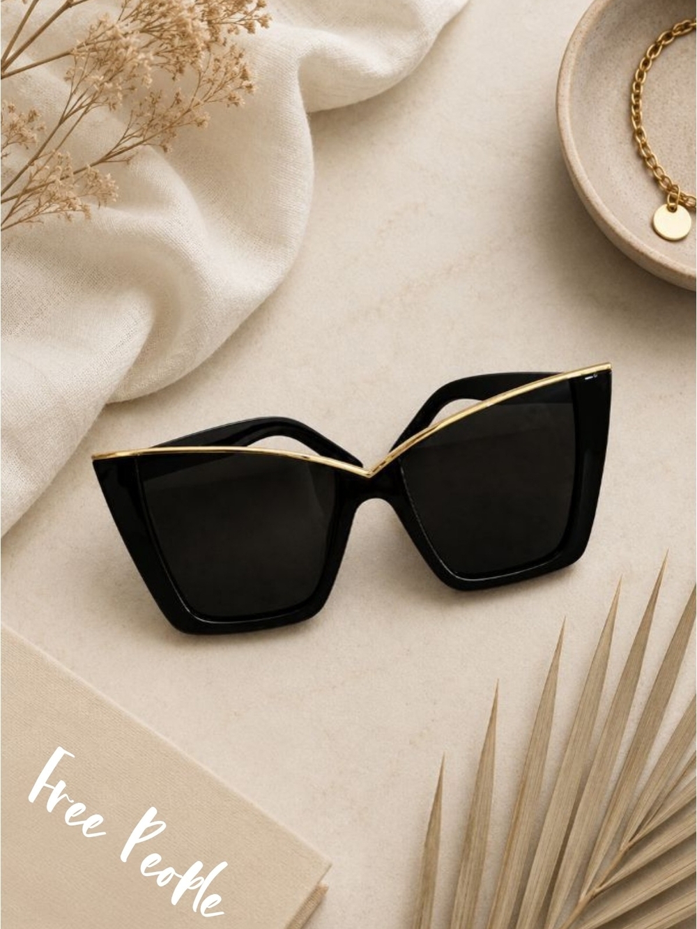 EUC Free People Oversized Black & Gold Trim Cat Eye Sunglasses